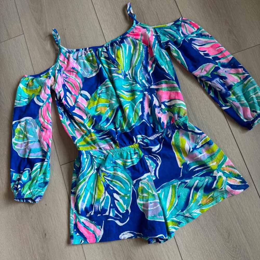 Lilly Pulitzer Girls Cold Shoulder Romper Blue Pink Green Palm Cotton‎ XL 12-14